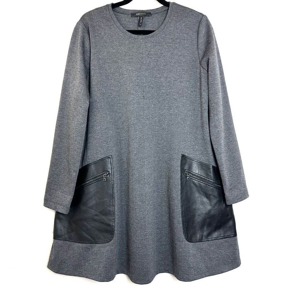 BCBG MaxAzria Long Sleeve Shift Dress Faux Leather Zip Pocket Farrah Minimalist